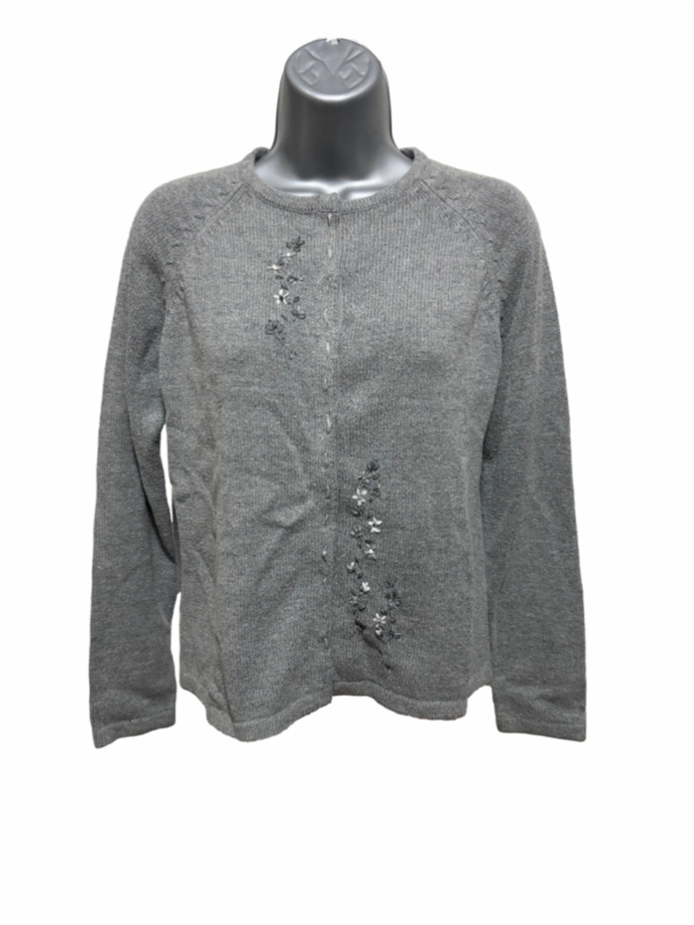 Russ by Liz Claiborne Gray Cardigan Sweater w/ Ribbon Floral Embroidery Sz S